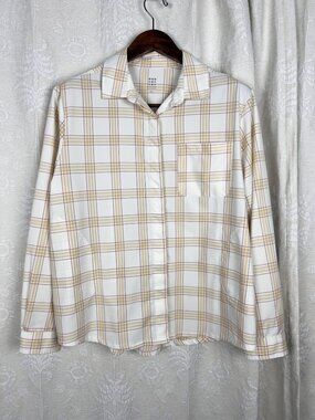Title Nine women's Tuolumne Tech Shirt UPF 50 hiking button down cream plaid XL